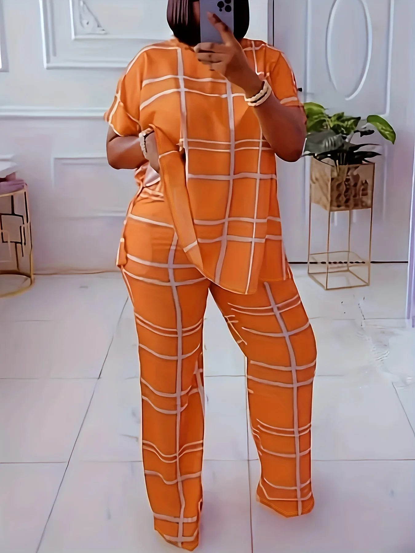 Elements Striped Grid Printed Casual Round Neck Two Piece Set