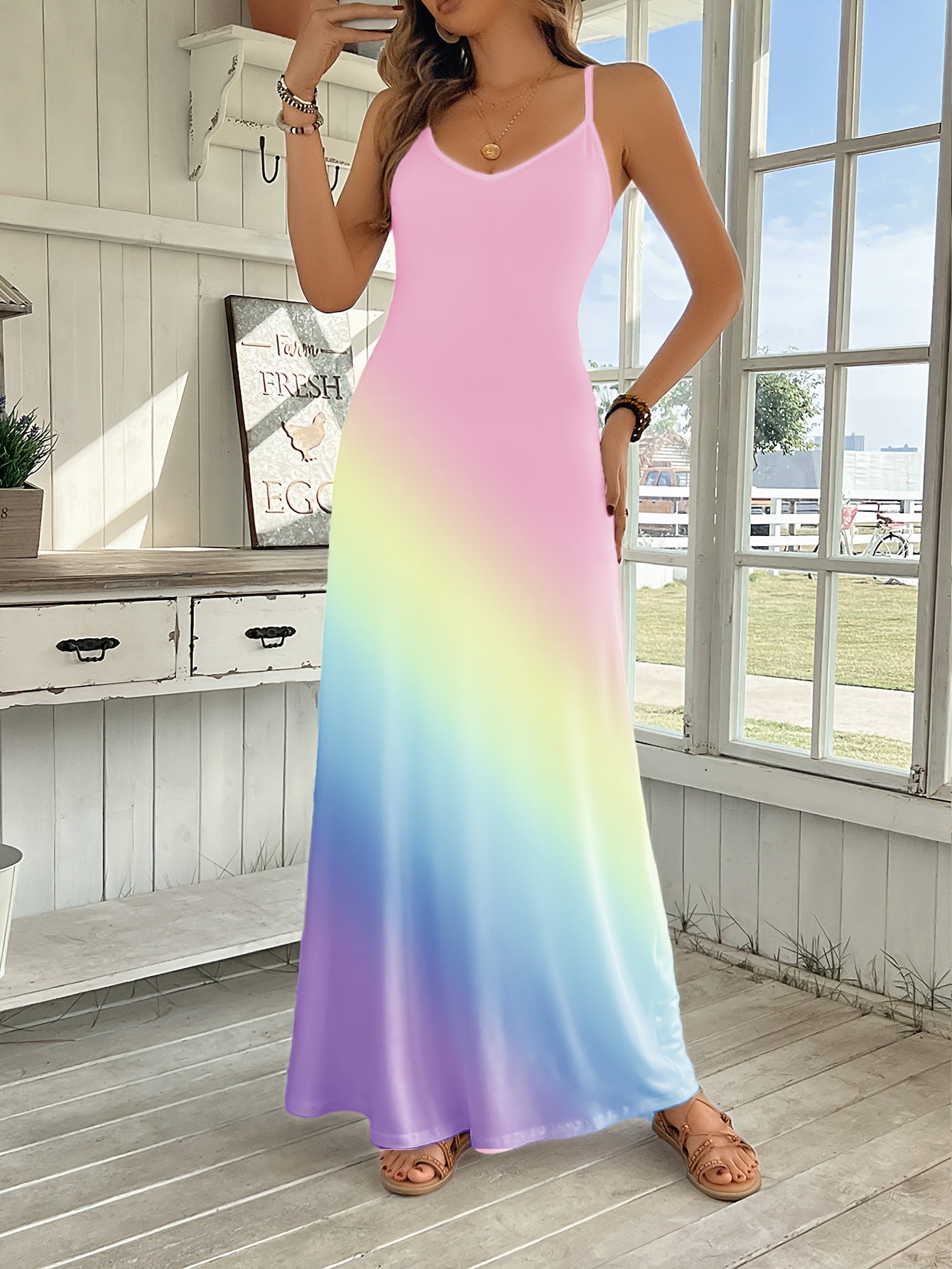 Comfort Style V-Neck Rainbow Gradient Maxi Dress