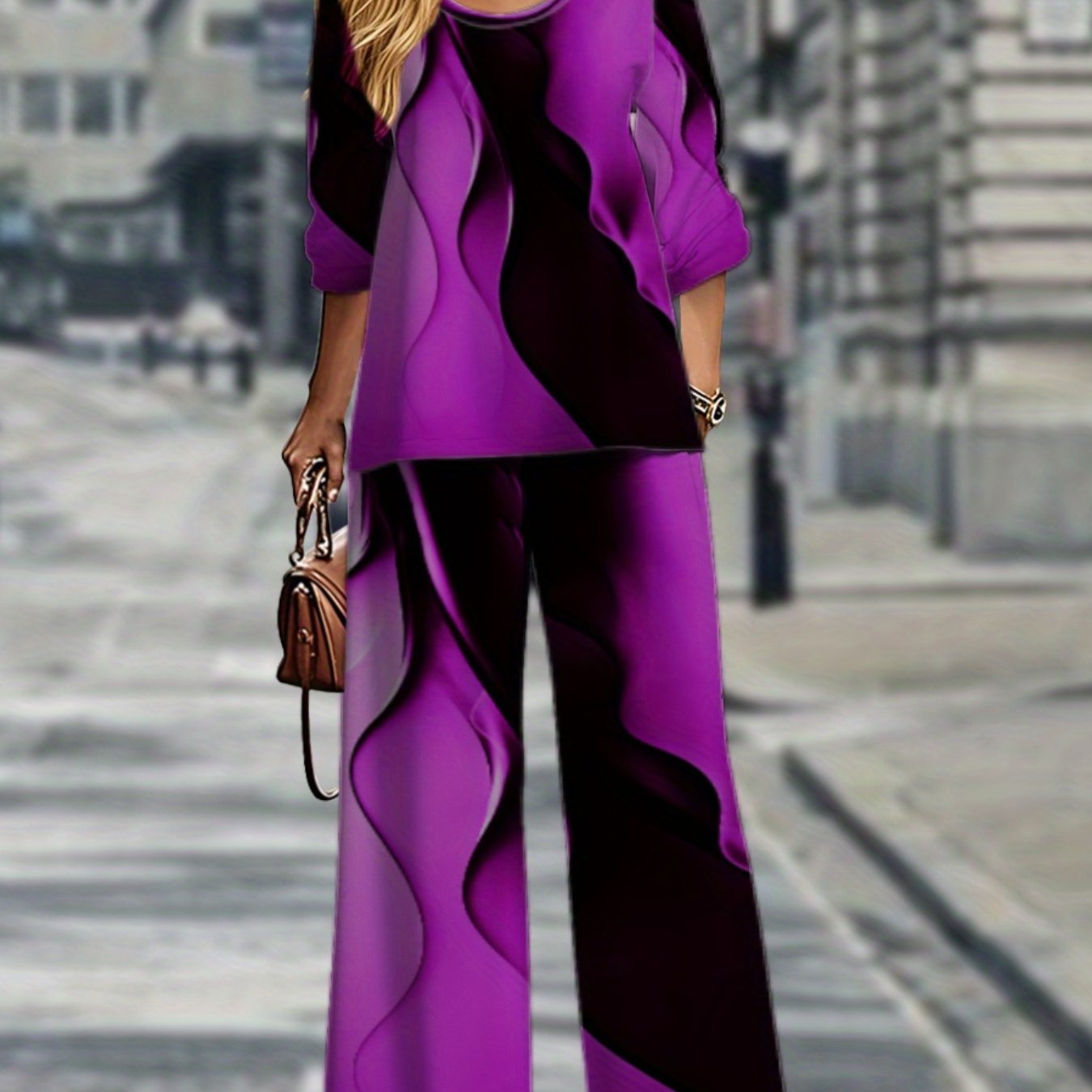 Vibrant Geometric Plus Size Long Sleeve Top Pants Set