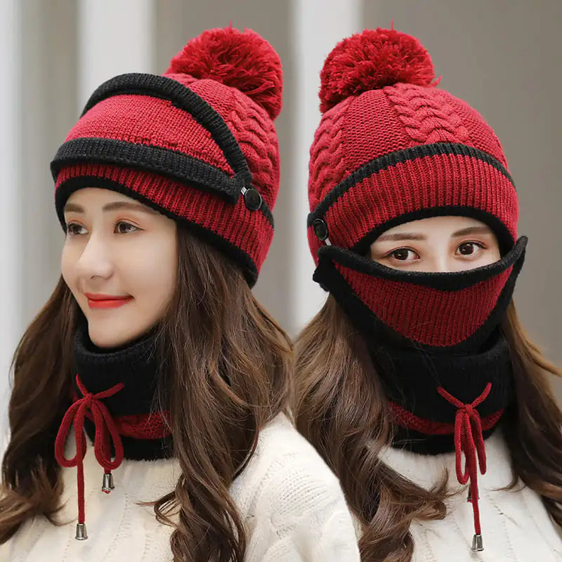 Women's Warm Knitted Beanie Hat and Scarf Set (3pcs)