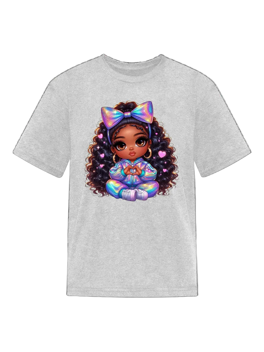 African American Girls Pretty Bow and Hearts Short Sleeve Crewneck T-Shirt
