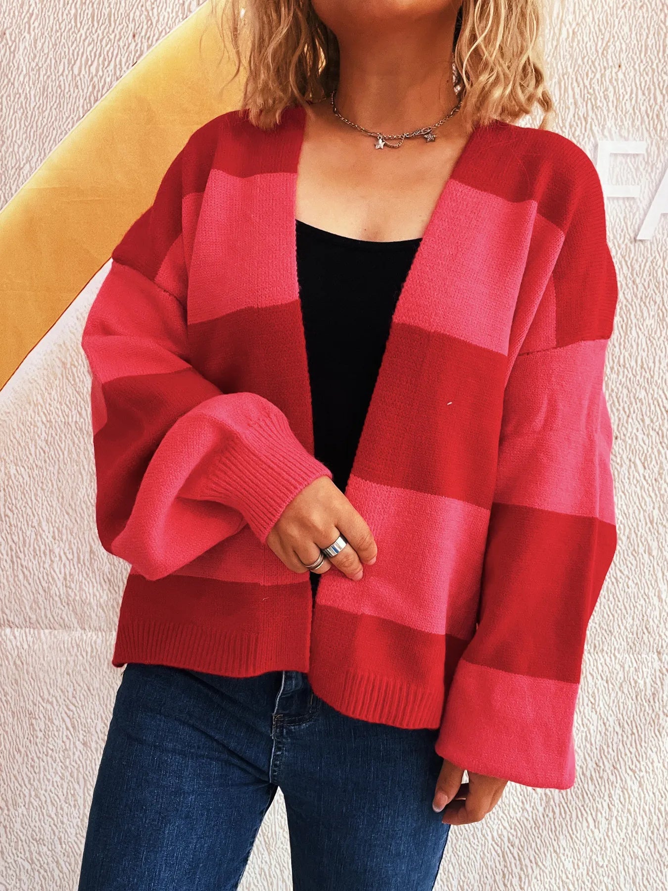 Women Color Block Open Front Cardigan