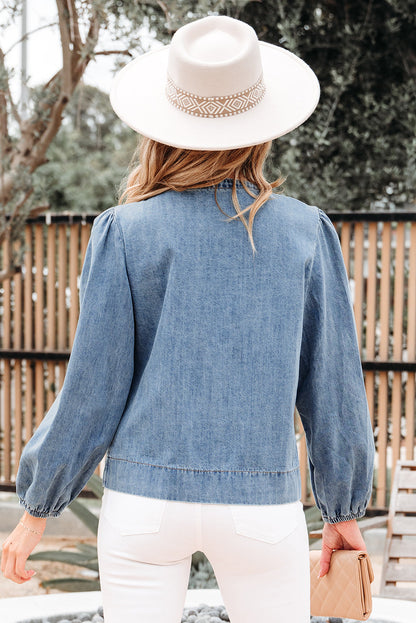 Oakley Tied Front Long Puff Sleeve Denim Top