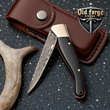 Handmade Damascus Tactical Pocket Knife – Horn Handle Back Lock