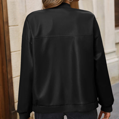 Women's Solid Color European And American Leisure Short Leather Jacket