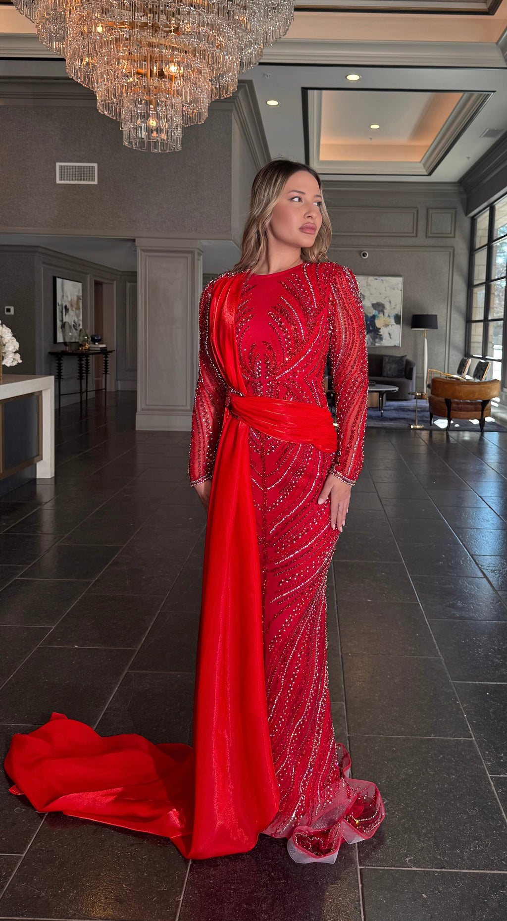 Ruba Sequin Modest Neckline with Long Side Organza Side Skirt