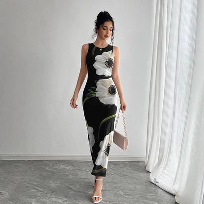 Women's Black Mesh Floral Print Sleeveless Dress Long Dress