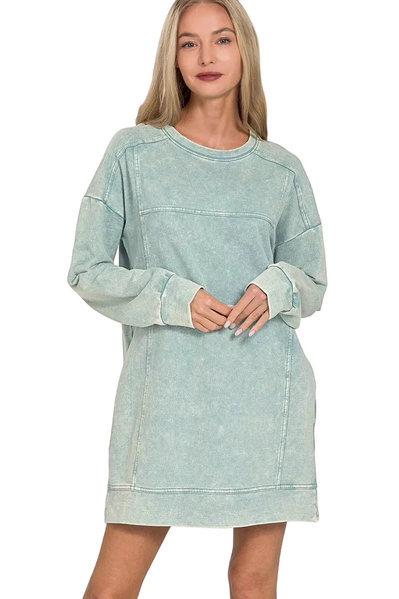 Zenana French Terry Acid Washed Dress with Pockets