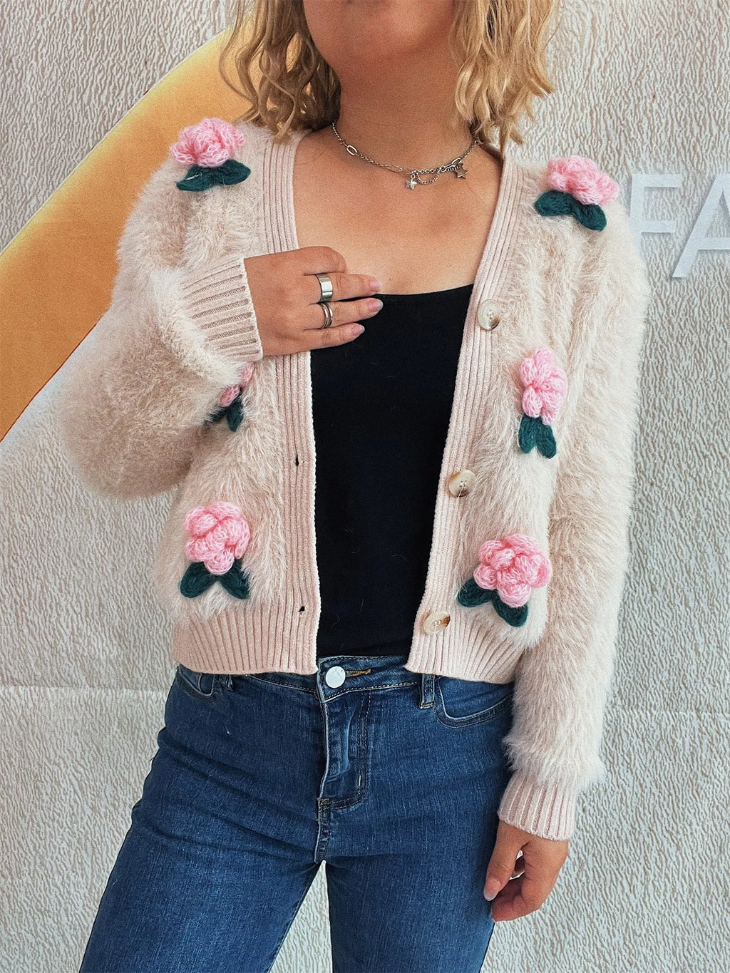 Women Flower Fuzzy Button-Up Cardigan