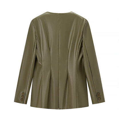 Women's Long-sleeved V-neck Leather Jacket