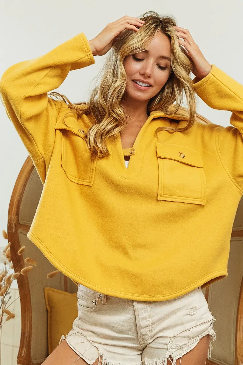 BiBi Flap Pockets Fleece Collared Sweatshirt