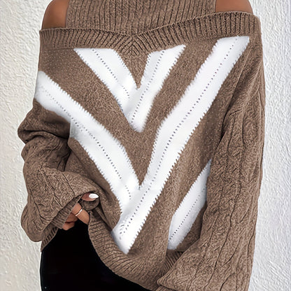 Elegant Plus Size Off Shoulder Striped Cable Knit Sweater