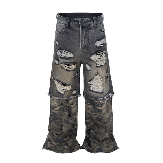 DISTRESSED SPLIT CAMO DENIM