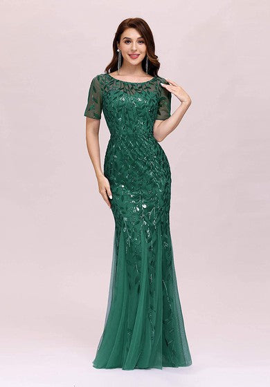 Tulle Sequins Floor-length Mermaid Short Sleeve Vintage Modest Dress with Pleats