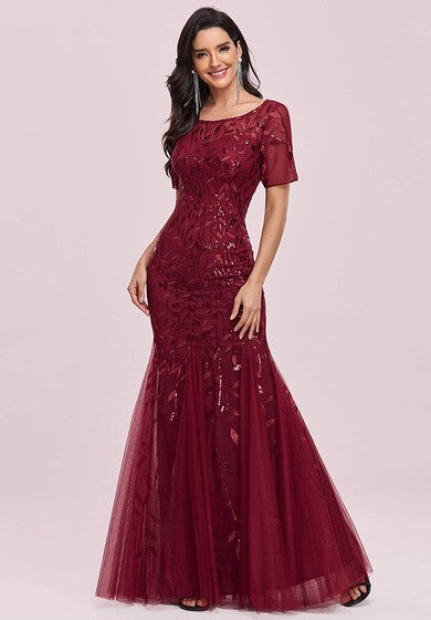 Tulle Sequins Floor-length Mermaid Short Sleeve Vintage Modest Dress with Pleats