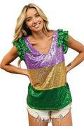 BiBi Mardi Gras Sequin Color Block Ruffled  Top