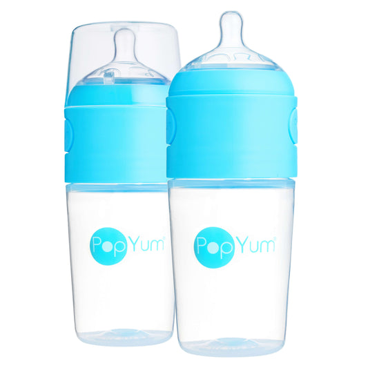 PopYum 9oz Anti-Colic Baby Bottle for Breast and Formula Feeding, 2-Pack, Blue, #2 Medium Flow Nipples