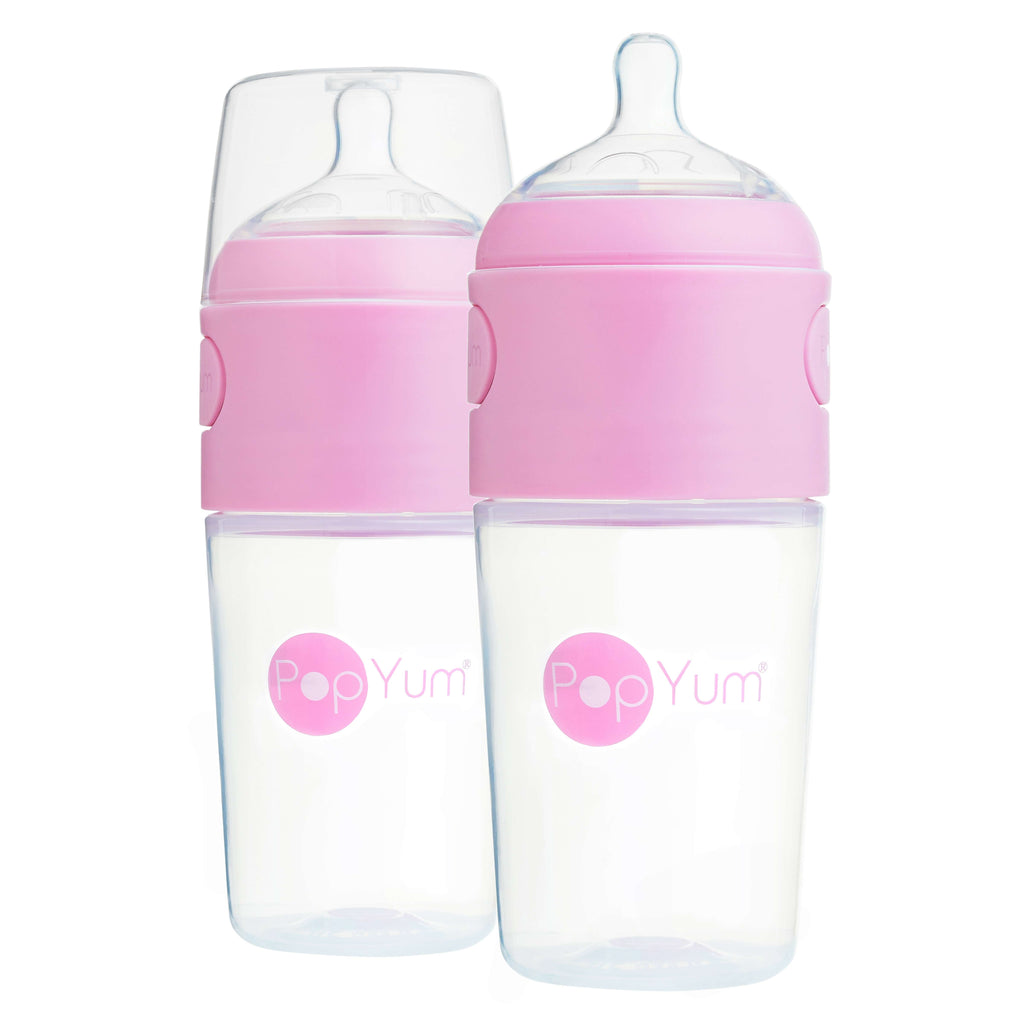 PopYum 9oz Anti-Colic Baby Bottle for Breast and Formula Feeding, 2-Pack, Pink, #2 Medium Flow Nipples