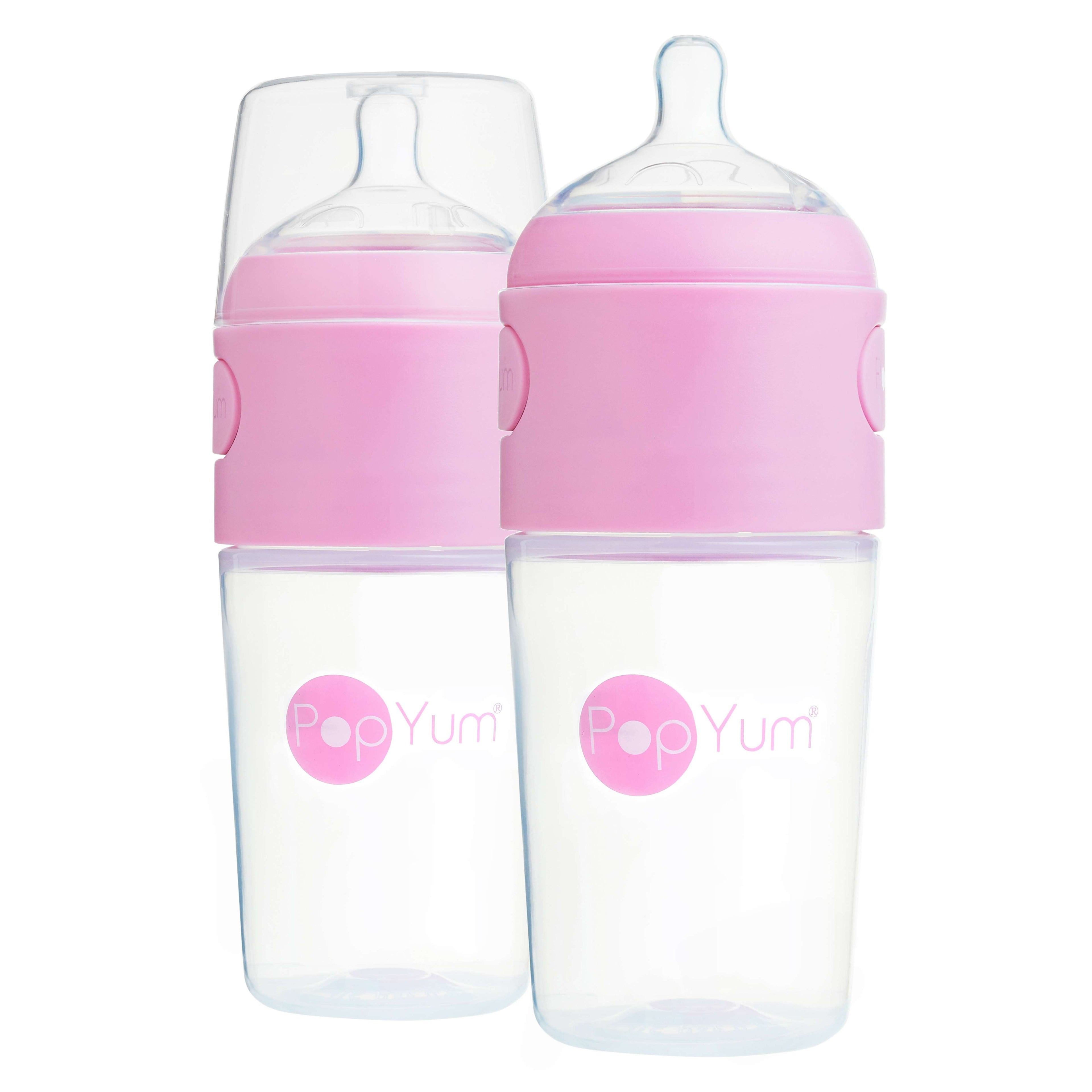 PopYum 9oz Anti-Colic Baby Bottle for Breast and Formula Feeding, 2-Pack, Pink, #2 Medium Flow Nipples
