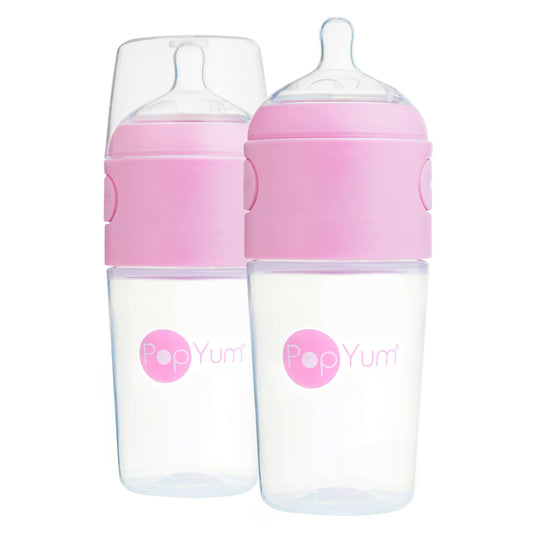 PopYum 9oz Anti-Colic Baby Bottle for Breast and Formula Feeding, 2-Pack, Pink, #2 Medium Flow Nipples