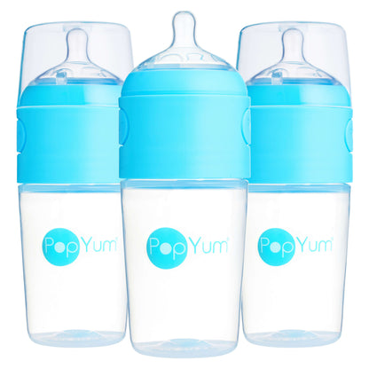 PopYum 9oz Anti-Colic Baby Bottle for  for Breast and Formula Feeding, 3-Pack, Blue, #2 Medium Flow Nipples