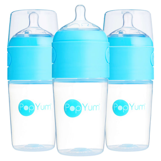 PopYum 9oz Anti-Colic Baby Bottle for  for Breast and Formula Feeding, 3-Pack, Blue, #2 Medium Flow Nipples