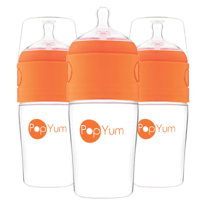 PopYum 9oz Anti-Colic Baby Bottle for Breast and Formula Feeding, 3-Pack, Orange, #2 Medium Flow Nipples