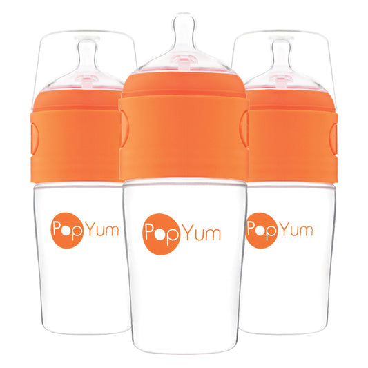 PopYum 9oz Anti-Colic Baby Bottle for Breast and Formula Feeding, 3-Pack, Orange, #2 Medium Flow Nipples