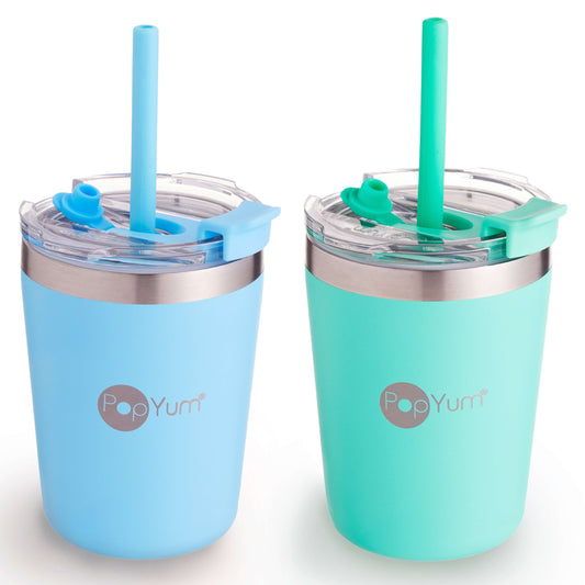 PopYum 9oz Insulated Stainless Steel Kids’ Cups with Lid and Straw, 2-Pack, Blue & Green, stackable, sippy, baby, child, toddler, tumbler