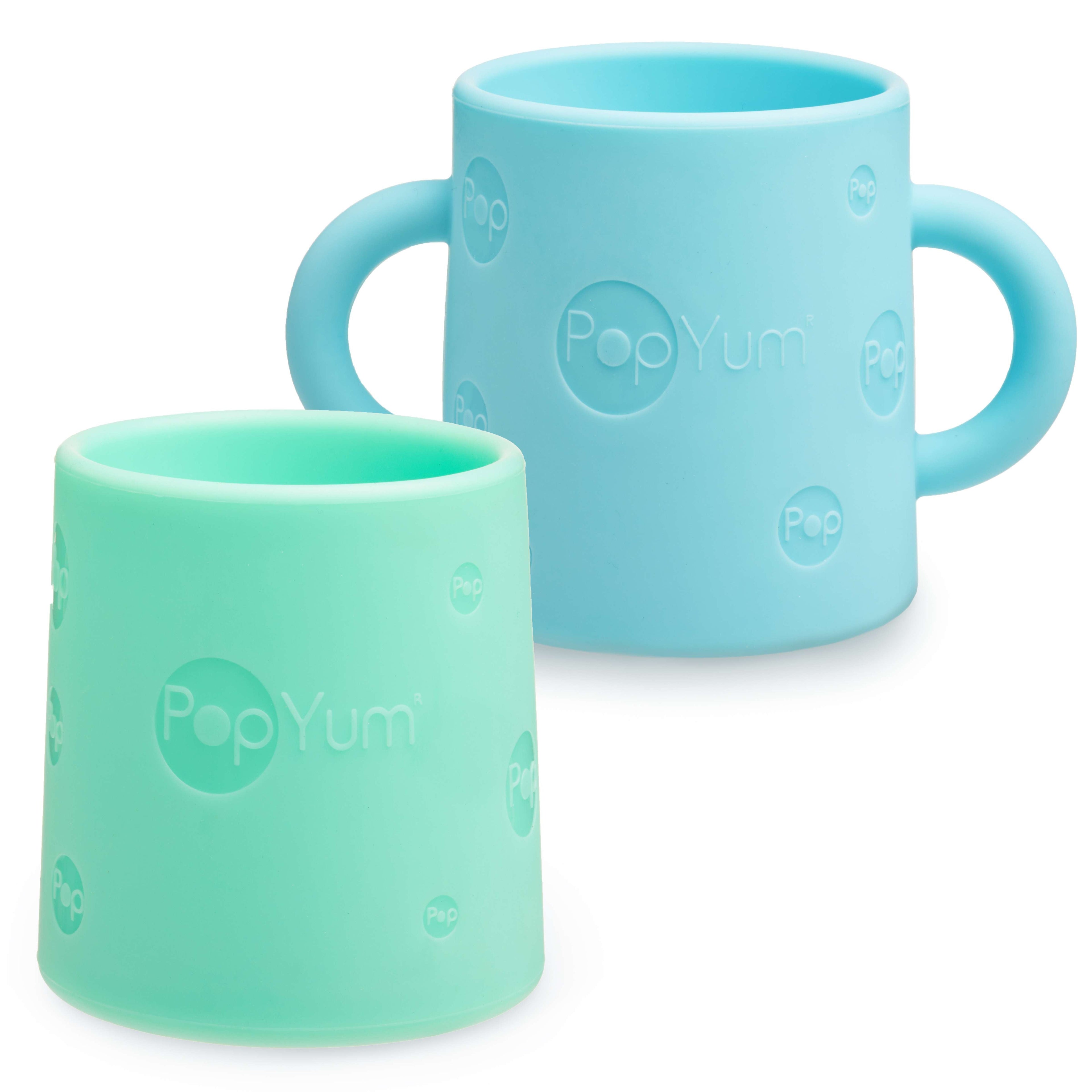 PopYum Silicone Training Cup 2-Pack for Baby and Toddler, handles, BPA Free, self feeding training, tumbler (sky blue and mint green)