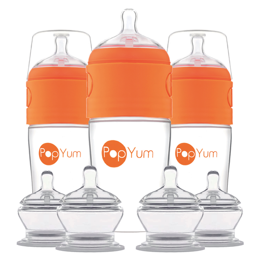 PopYum Orange 7 Piece Bundle: 9oz Bottle 3-Pack + 2 Nipple 2-Packs