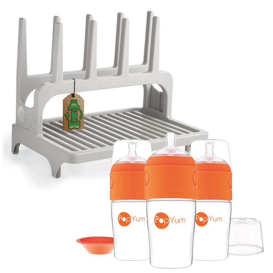 PopYum 9 oz Orange Formula Making Baby Bottle 3-Pack with Gray Drying Rack Bundle