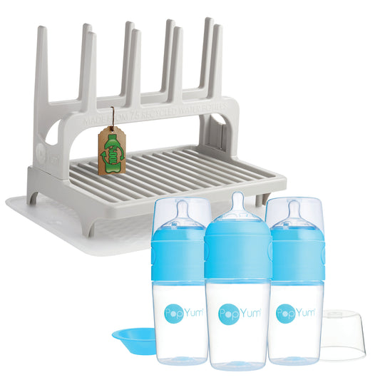 PopYum 9 oz Blue Formula Making Baby Bottle 3-Pk with Gray Drying Rack & Clear Drying Mat Bundle