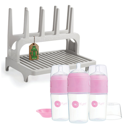 PopYum 9 oz Pink Formula Making Baby Bottle 3-Pack with Gray Drying Rack Bundle