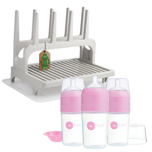 PopYum 9 oz Pink Formula Making Baby Bottle 3-Pk with Gray Drying Rack & Clear Drying Mat Bundle