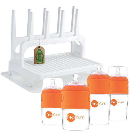 PopYum Orange Baby Bottle 4-Pack Set with White Drying Rack & Clear Drying Mat Bundle