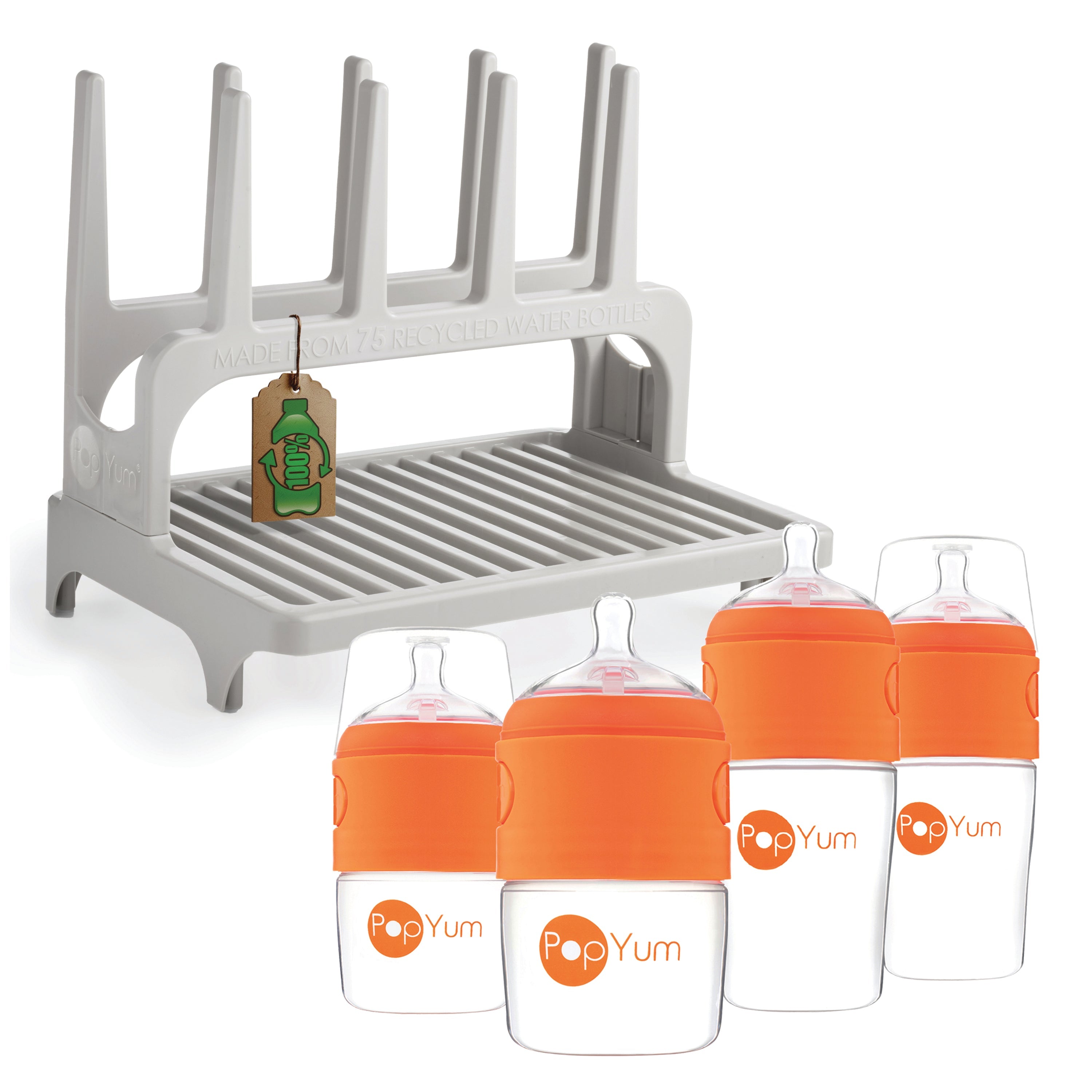 PopYum Orange Formula Making Baby Bottle 4-Pack Set with Gray Drying Rack Bundle