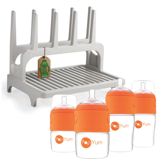 PopYum Orange Formula Making Baby Bottle 4-Pack Set with Gray Drying Rack Bundle