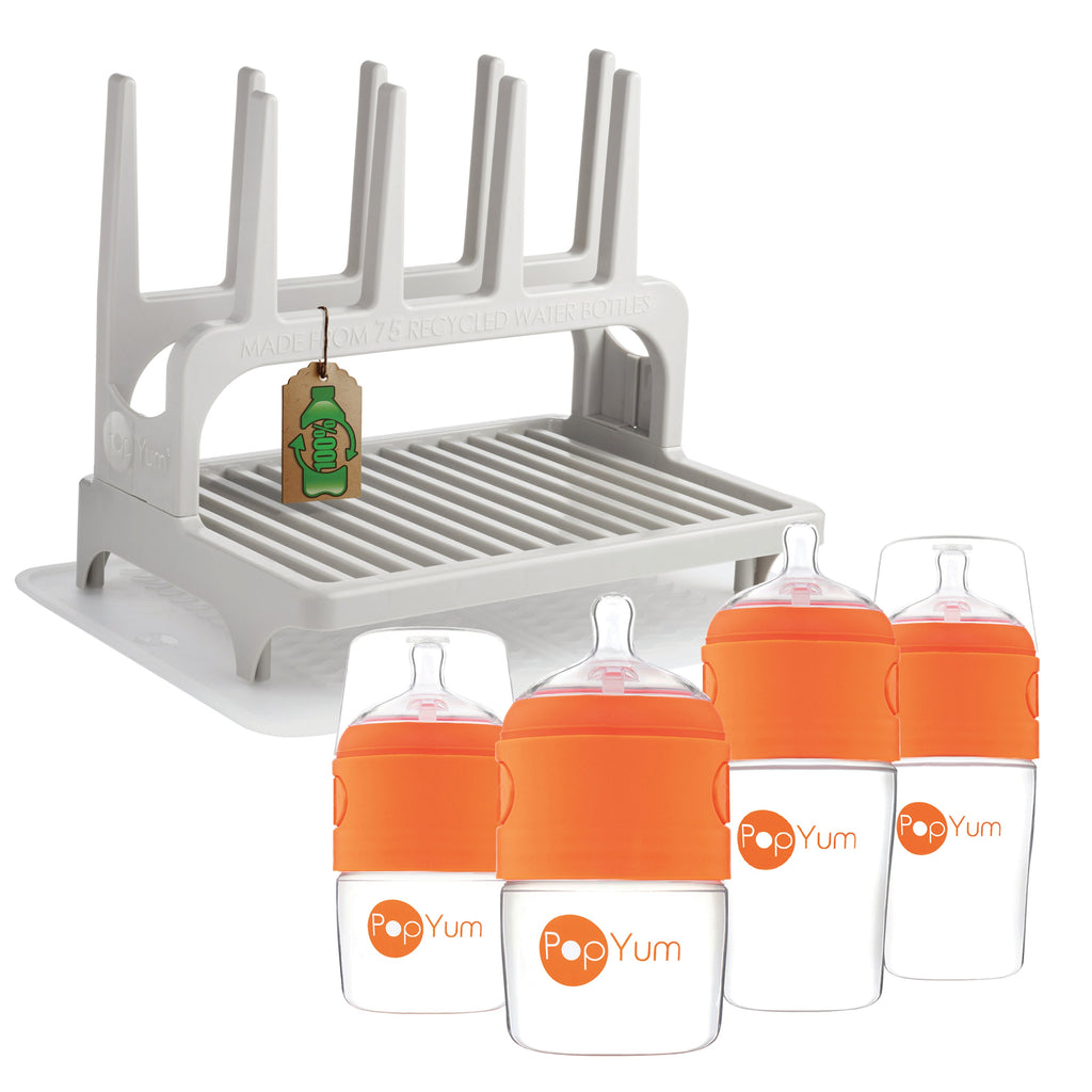 PopYum Orange Baby Bottle 4-Pack Set with Gray Drying Rack & Clear Drying Mat Bundle