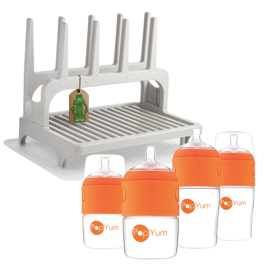 PopYum Orange Baby Bottle 4-Pack Set with Gray Drying Rack & Clear Drying Mat Bundle