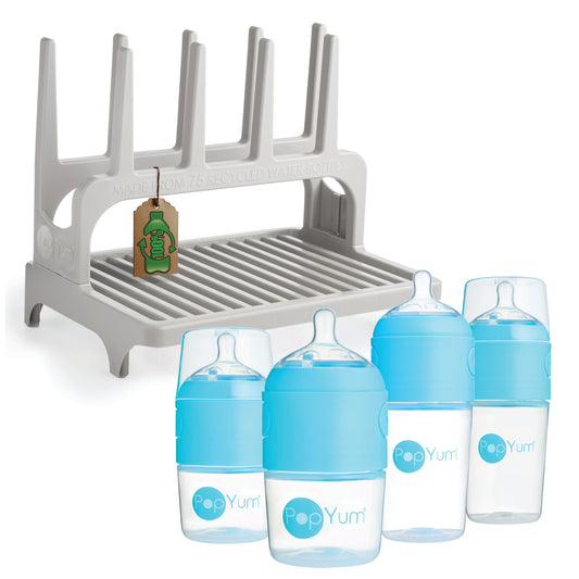 PopYum Blue Formula Making Baby Bottle 4-Pack Set with Gray Drying Rack Bundle
