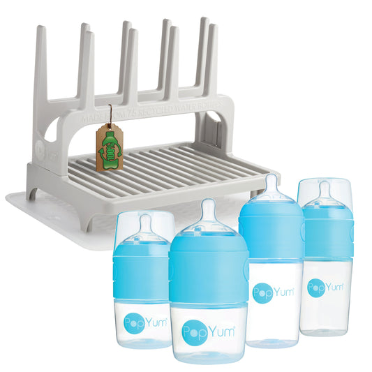 PopYum Blue Baby Bottle 4-Pack Set with Gray Drying Rack & Clear Drying Mat Bundle