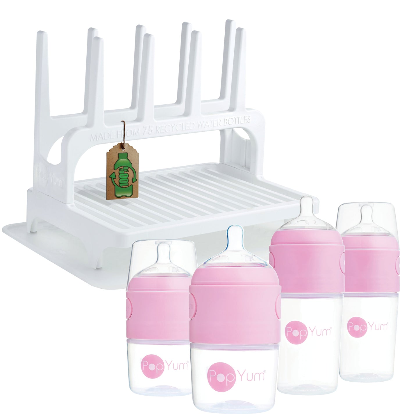 PopYum Pink Baby Bottle 4-Pack Set with White Drying Rack & Clear Drying Mat Bundle