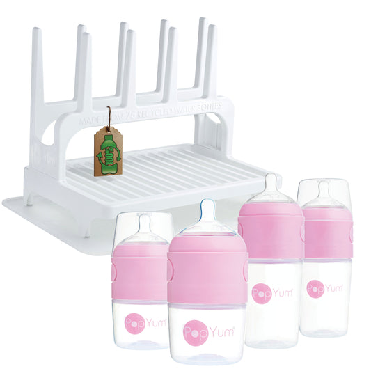 PopYum Pink Baby Bottle 4-Pack Set with White Drying Rack & Clear Drying Mat Bundle