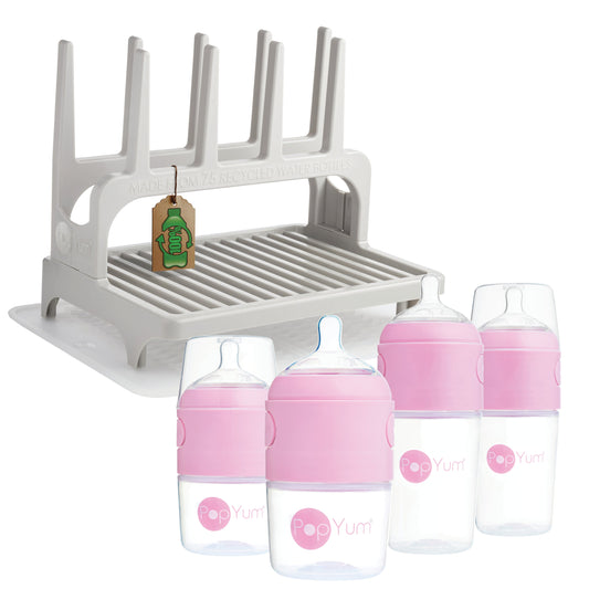 PopYum Pink Baby Bottle 4-Pack Set with Gray Drying Rack & Clear Drying Mat Bundle