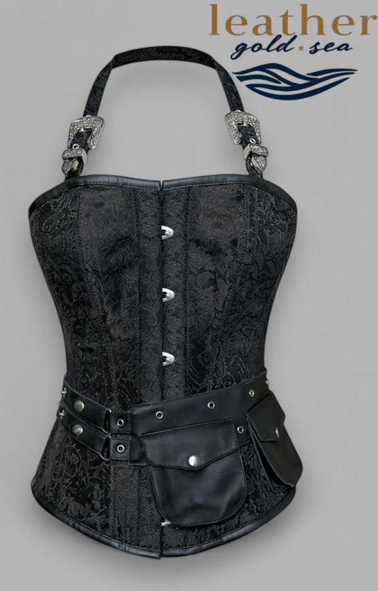 Andrews Black Corset with Strap and Faux Leather Pouch