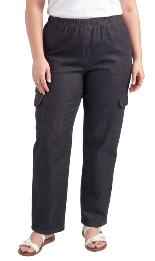 Women's Pull-On Denim Cargo Pants — Elastic Stretch Waist