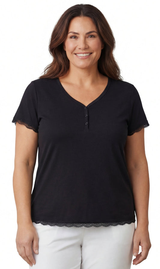Women's Short Sleeve V-Neck Tee with 3-Button Henley Placket