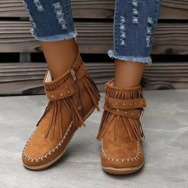 Trendy Women's Winter Ankle Boots with Rivet Tassel Detail