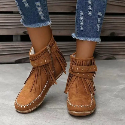 Trendy Women's Winter Ankle Boots with Rivet Tassel Detail